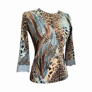 Only Hearts Helena Stuart Y2K Mesh Top M Sheer Animal Feathers Lace Trim Exotic